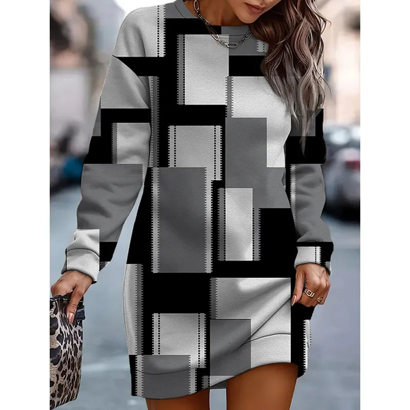 Fashion Print Contrast Round-Neck Sweater Dress