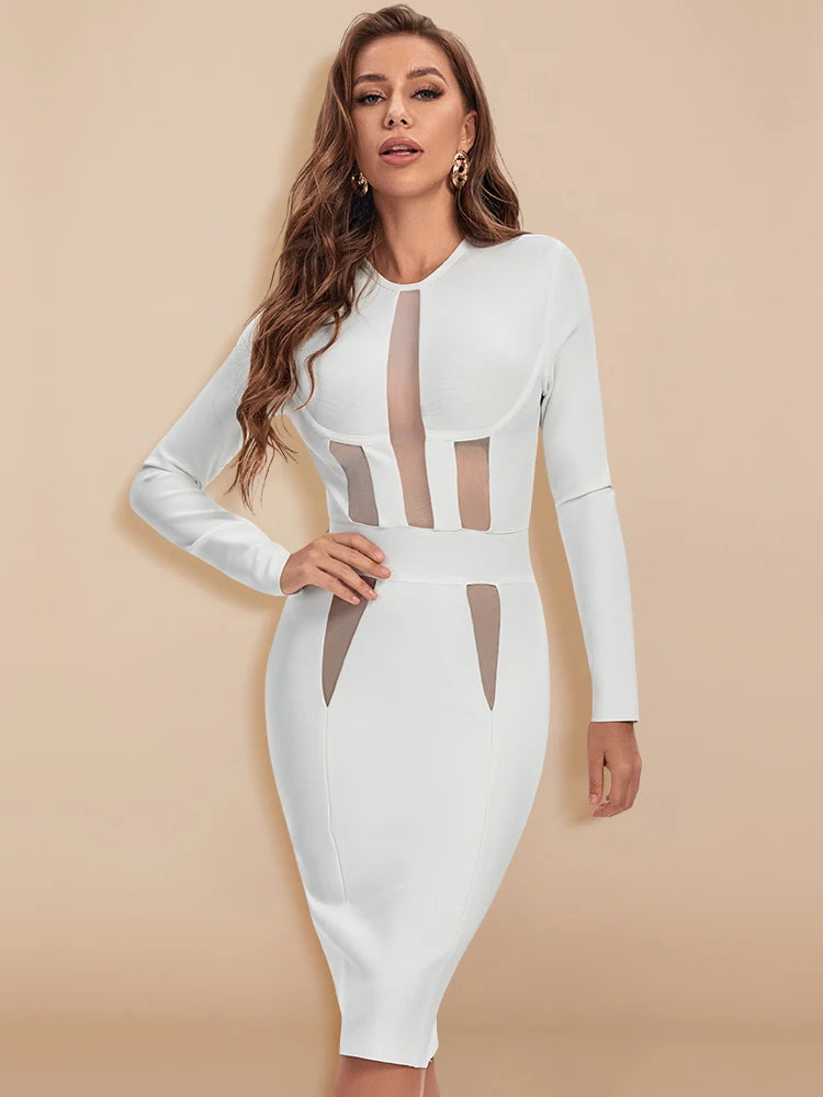 Long-Sleeve Mesh Bandage Hollow-Out Bodycon Dress