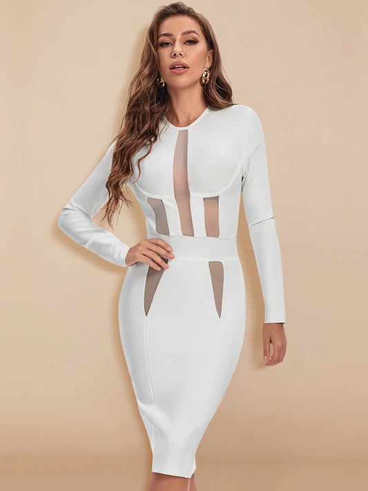 Long-Sleeve Mesh Bandage Hollow-Out Bodycon Dress