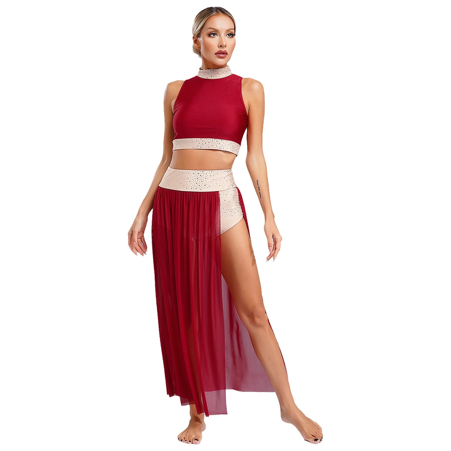 Women Lyrical Dance Costume Sleeveless Rhinestone Ballet Gymnastic Leotard Skirt with Crop Top Set Contemporary Dance Dress