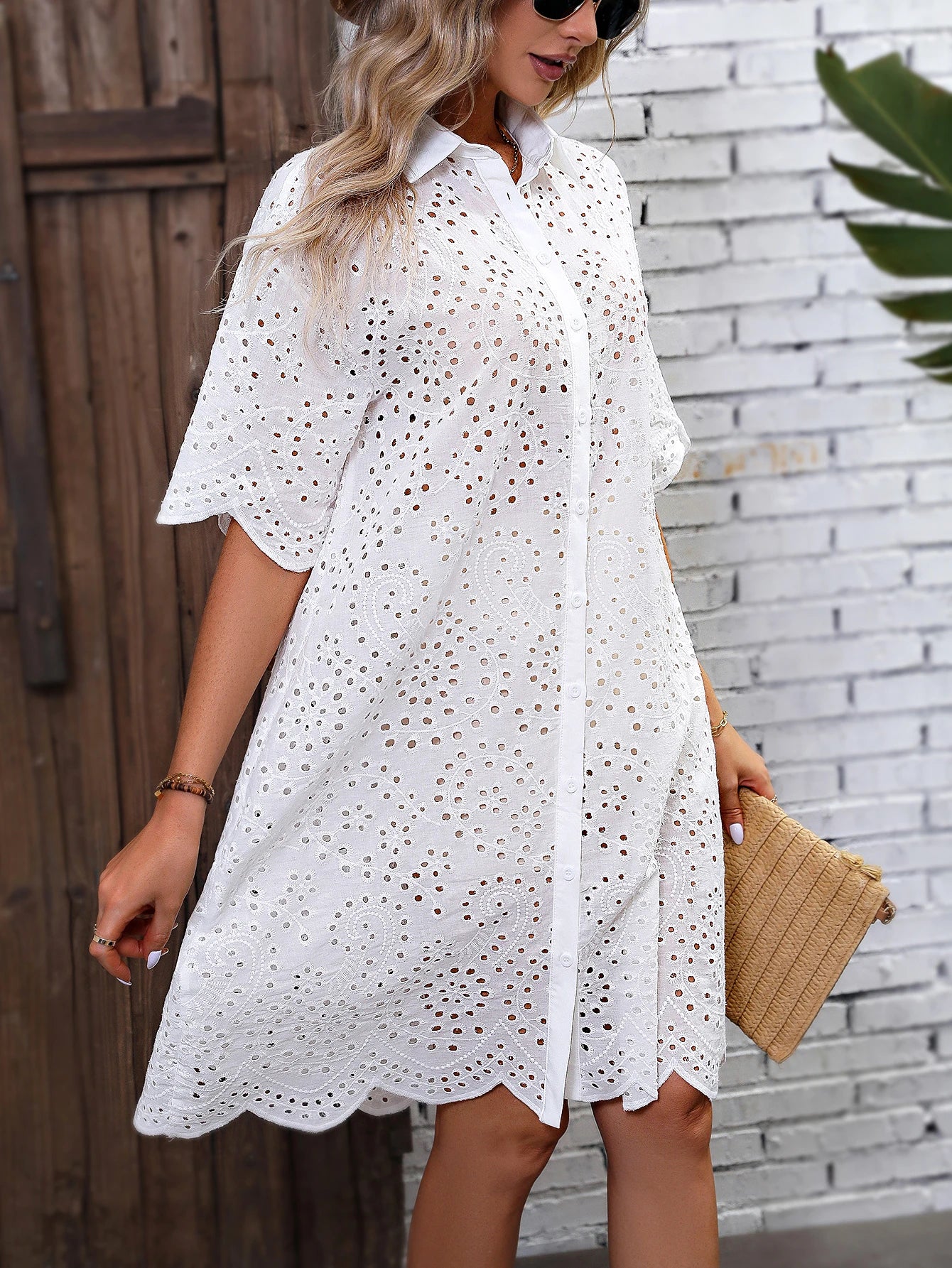 Eyelet Embroidery Drop-Shoulder Dress