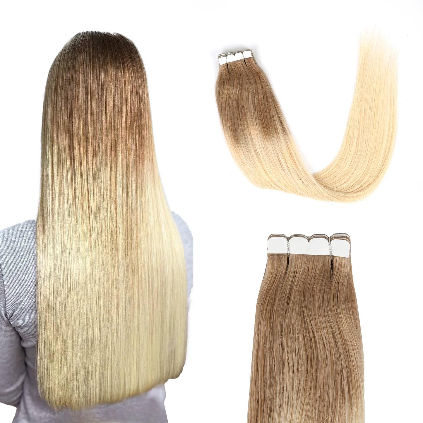 K.S WIGS Mini Tape in Hair Extensions Human Hair Straight Seamless Skin Weft Real Natural Brazilian Hair For Women Balayage 10Pc