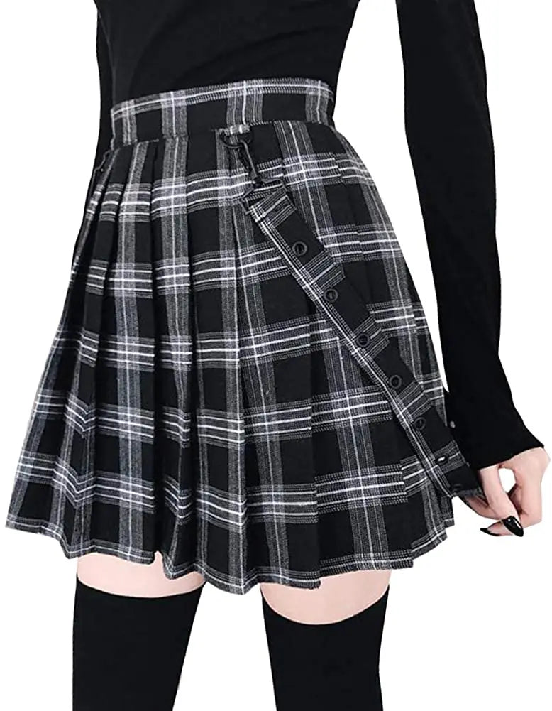 A-Line Decorative Strap Plaid Pleated Mini Skirt