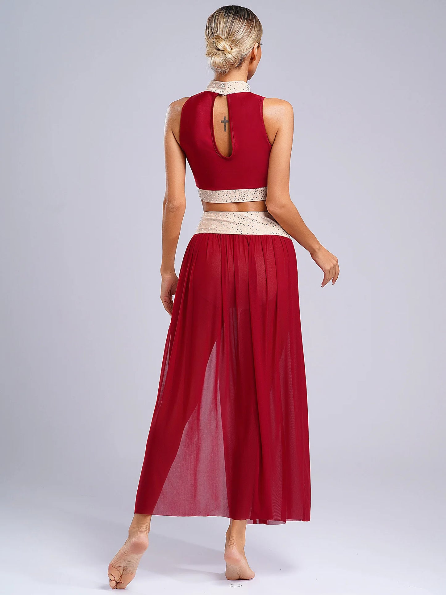Women Lyrical Dance Costume Sleeveless Rhinestone Ballet Gymnastic Leotard Skirt with Crop Top Set Contemporary Dance Dress
