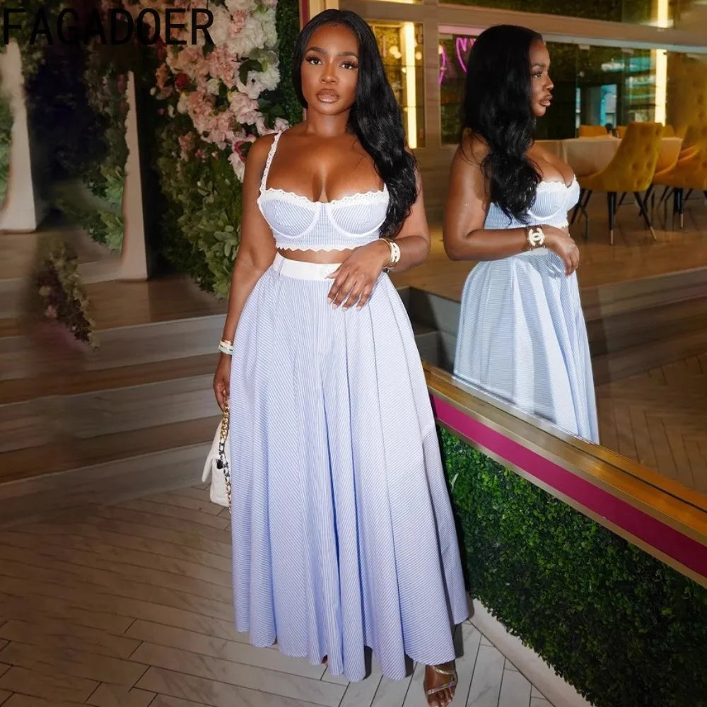 FAGADOER Elegant Lace Patchwork 2 Pieces Set for Woman Spaghetti Strap Stripes Camisole and Skirt Female Streetwear Vestidos New