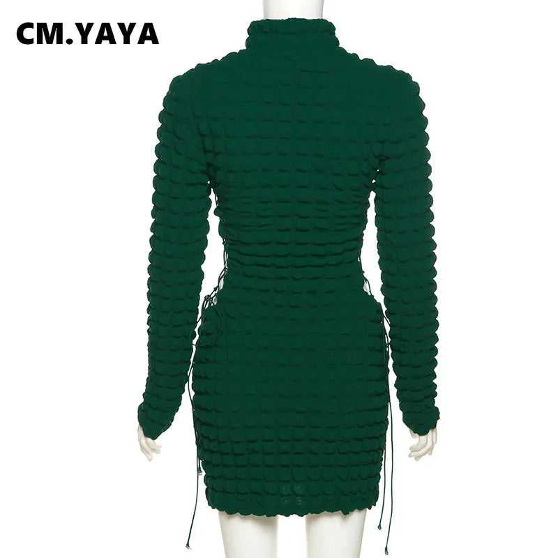 CM Yaya Long-Sleeve Seersucker Turtleneck Drawstring Lace-Up Cut-Out Waist Bodycon Midi Stretch Dress