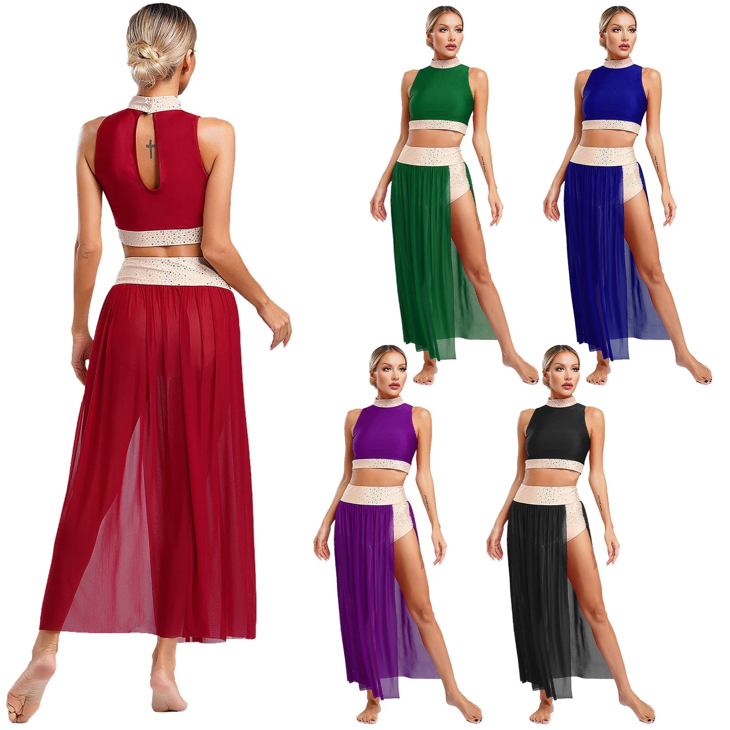Women Lyrical Dance Costume Sleeveless Rhinestone Ballet Gymnastic Leotard Skirt with Crop Top Set Contemporary Dance Dress