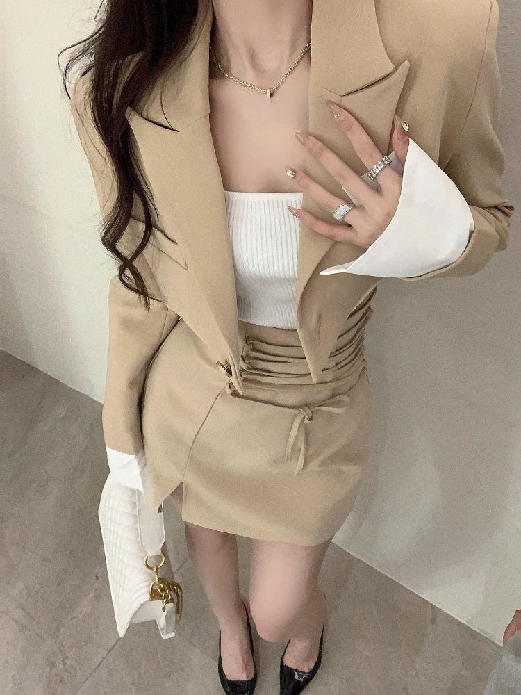 Casual Y2k Crop Top Elegant Jacket Coat + Mini Skirt