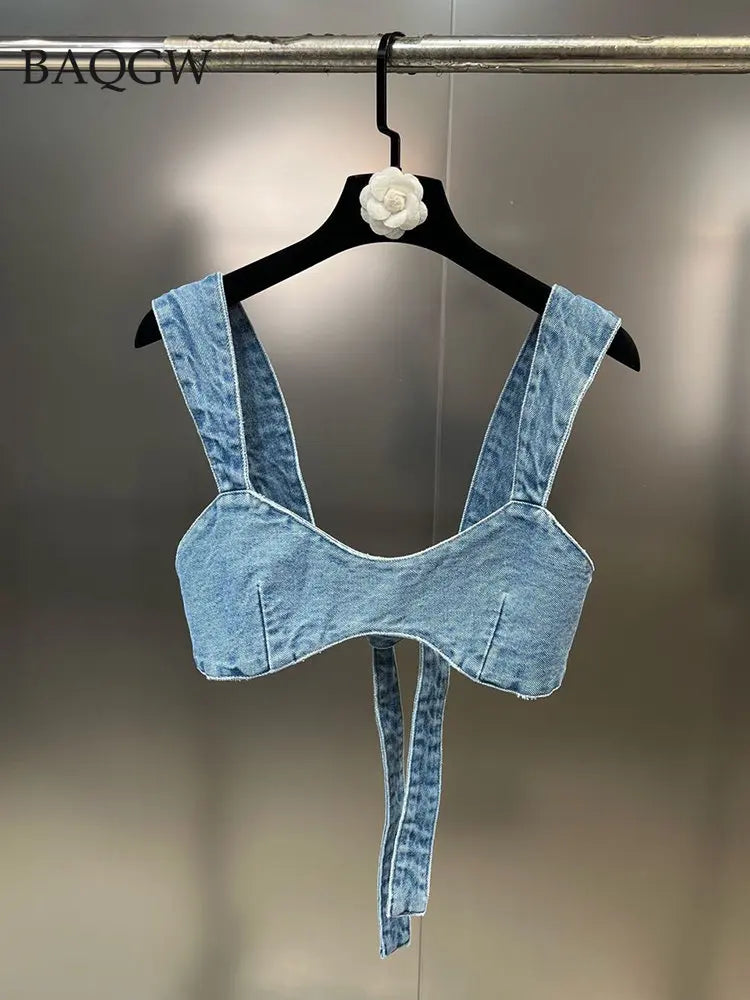 Sleeveless Lace-Up Backless Crop Top and High-Waist Denim Pants Set  For Women