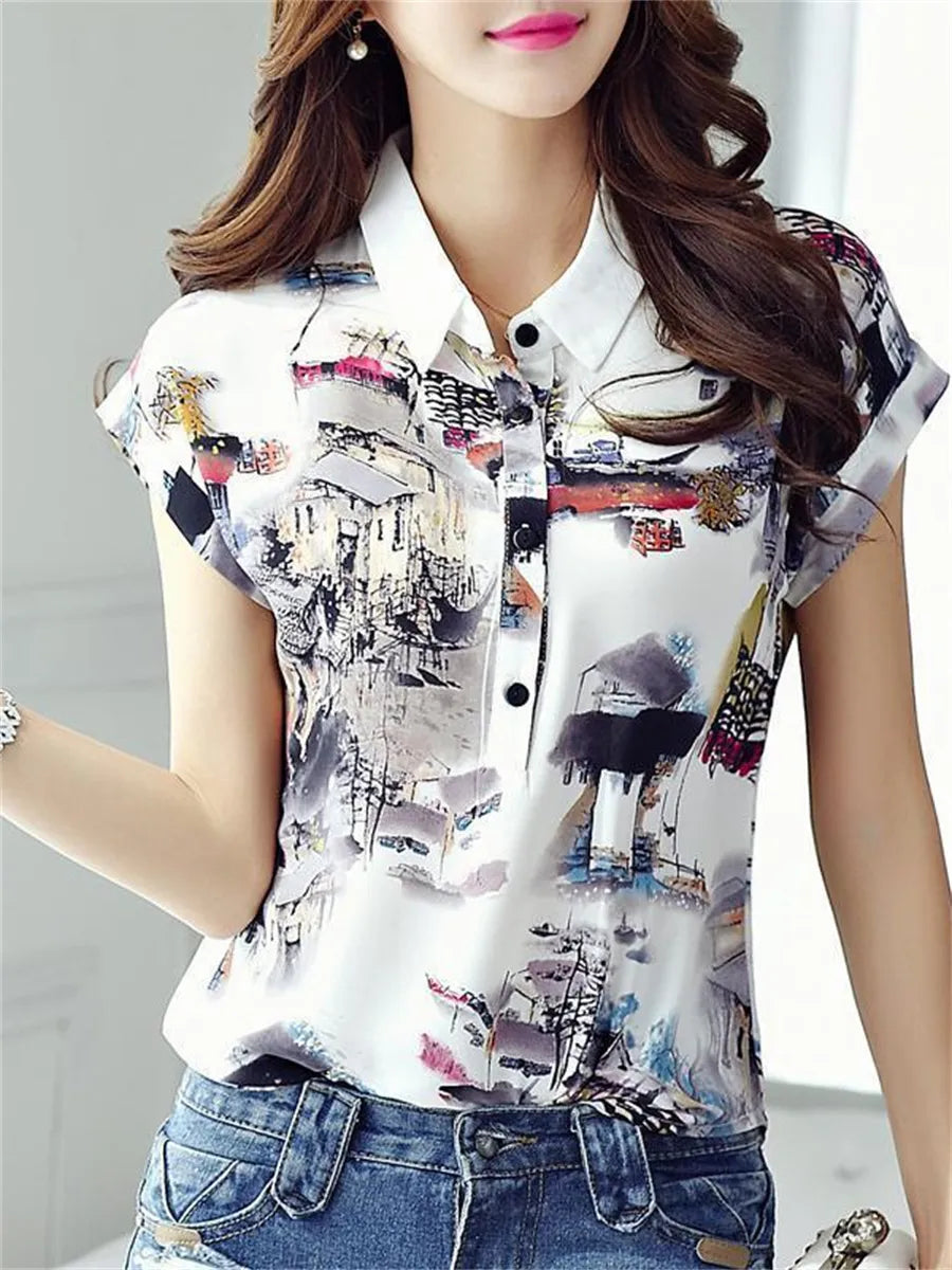 Short-Sleeve Turn-Down Collar Printed Casual Loose Top