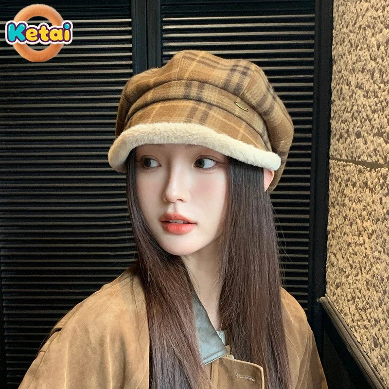 Vintage Plaid Plush Warm Octagonal Hat