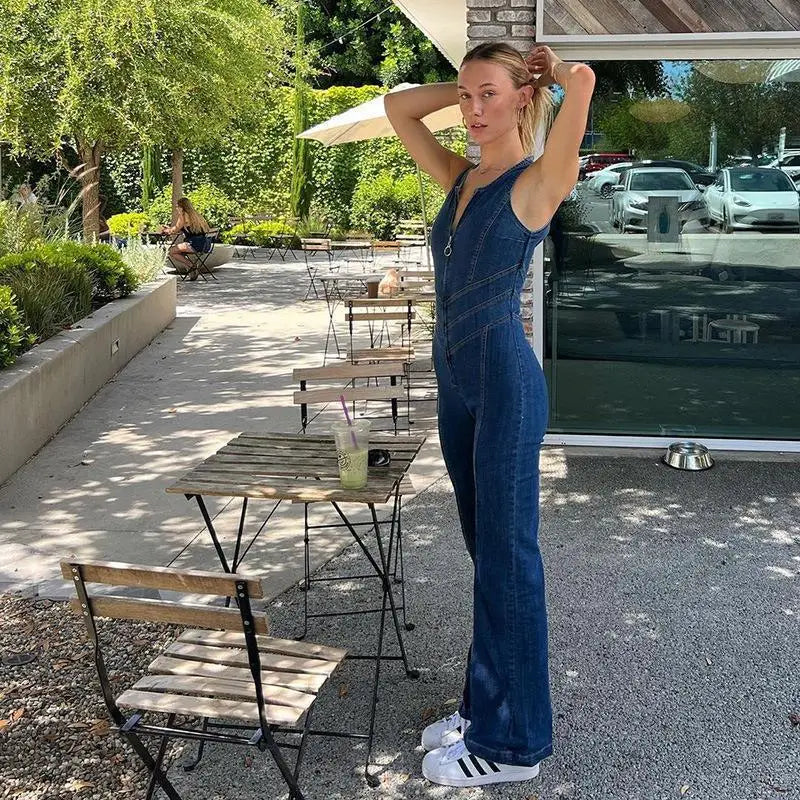 Wide-Leg Retro Denim Jumpsuit