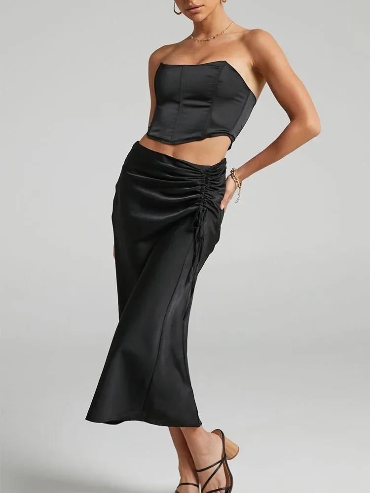 Ruched Drawstring Hip Tight Slit Skirt