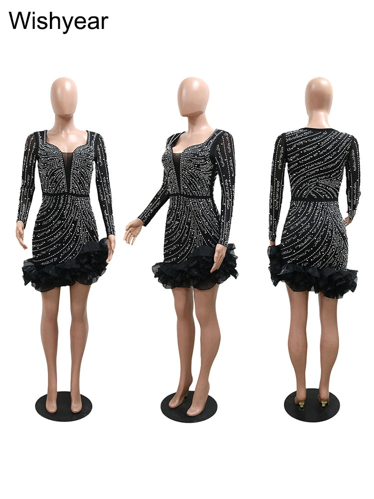 Luxury Evening Rhinestone Pearls Bodycon Ruffle Mini Dress