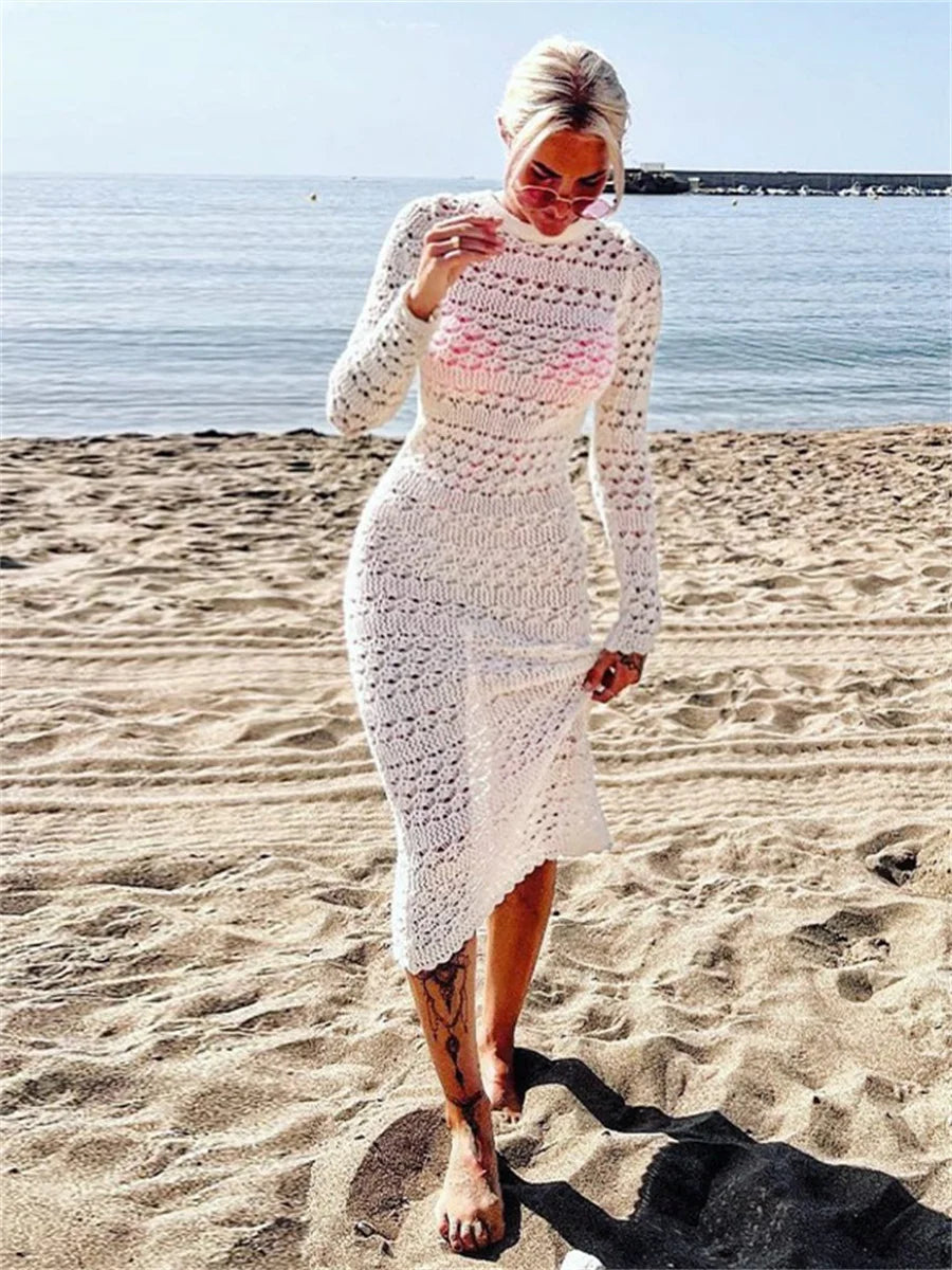 Backless Tie-Up Knit Crochet Beach Long Dress