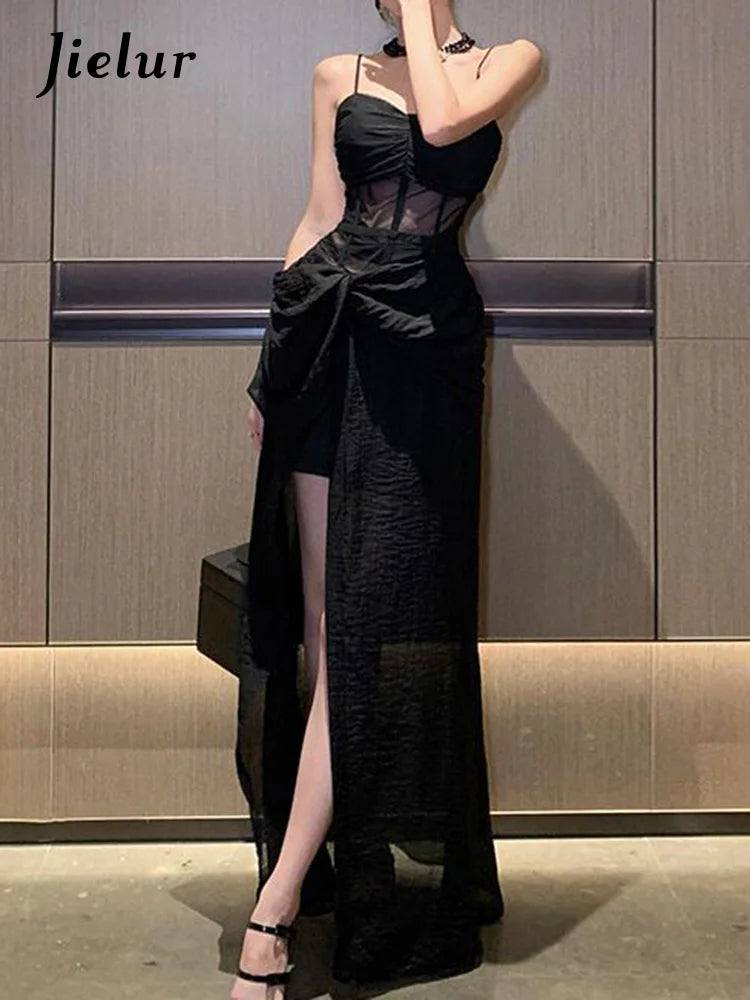 New French-Style Black Slim-Waist Split Sleeveless Evening/Party Dress