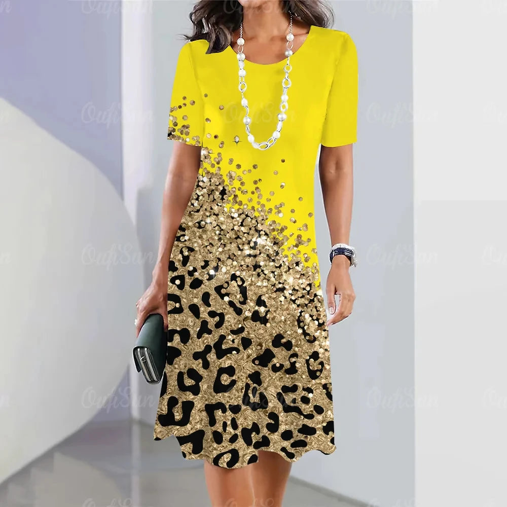 Leopard Print O-Neck Midi Dress