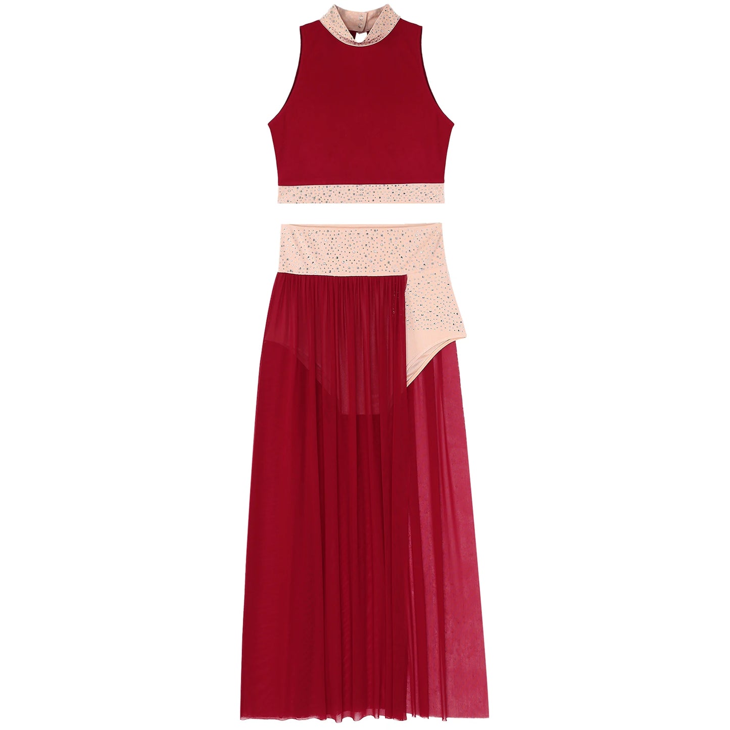 Women Lyrical Dance Costume Sleeveless Rhinestone Ballet Gymnastic Leotard Skirt with Crop Top Set Contemporary Dance Dress