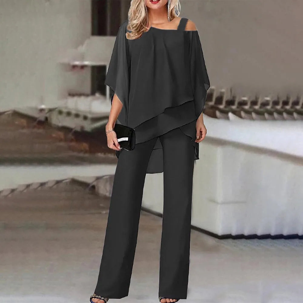 Solid-Colour Cold-Shoulder Two-Piece Set Jumpsuit