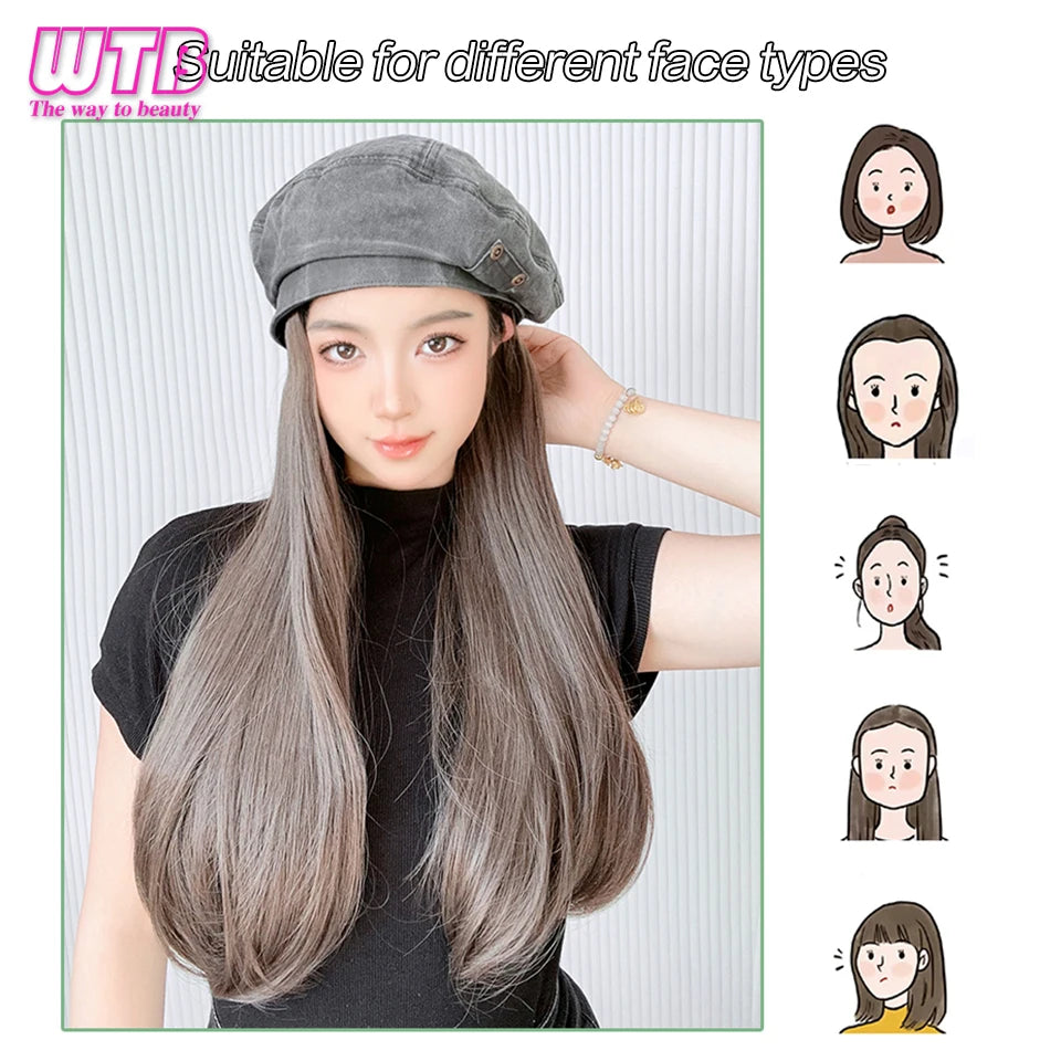 Women's Denim Beret - Synthetic Long Straight Wig Winter Hat