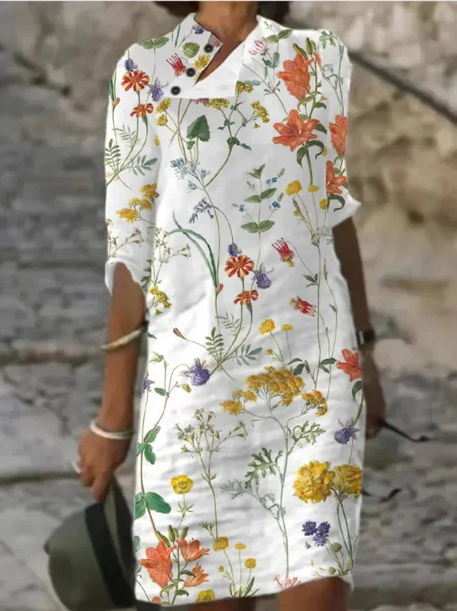 White Stand -Collar Half-Sleeve Dress With Buttons