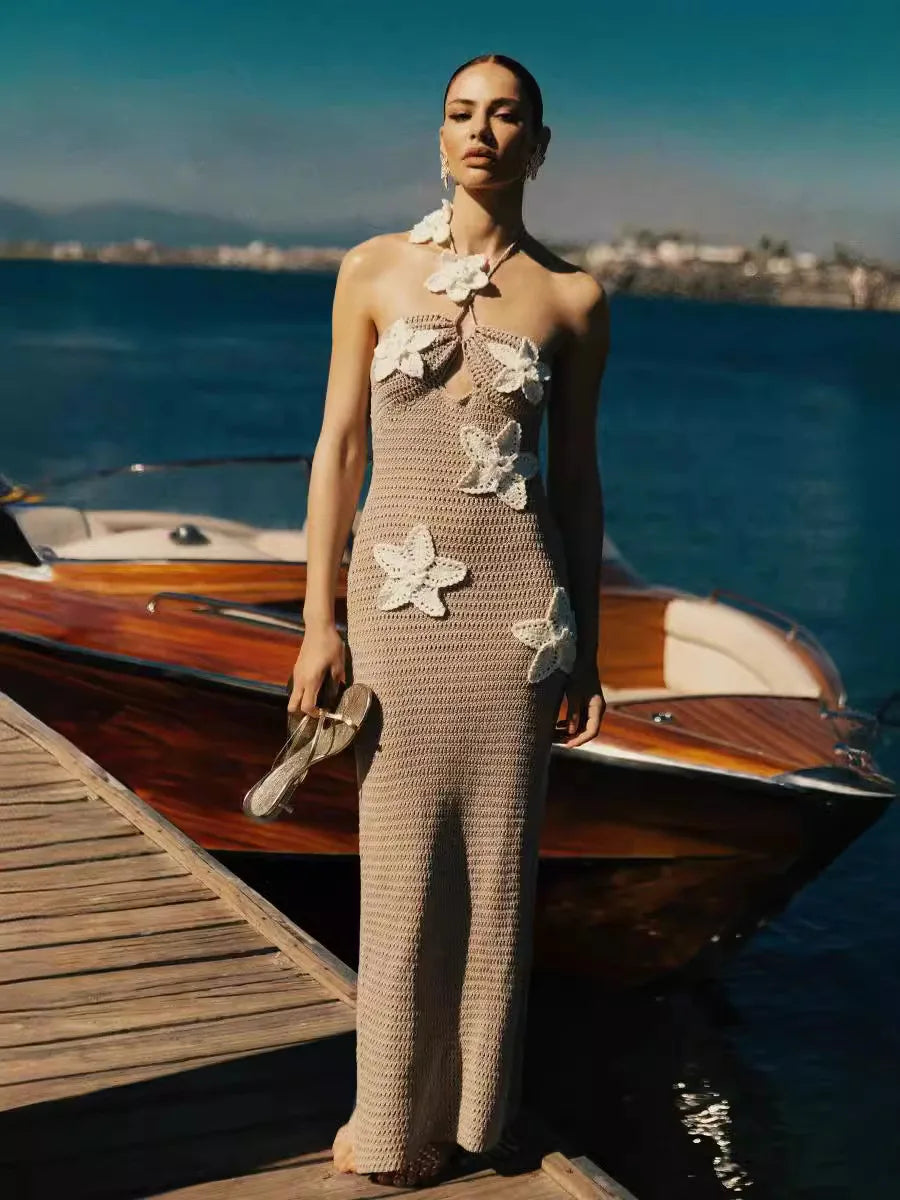 Women’s Beach Dresses Sexy Backless Knitted Long Dress Star Crochet Maxi Dresses 2024 Summer Women Beach Wear