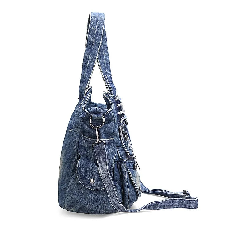 Denim Hobo Shoulder Bag - Large Capacity