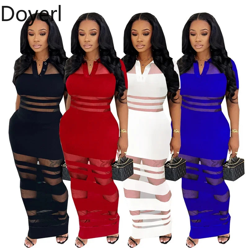 Doyerl See Through Mesh Patchwork Bodycon Maxi Dress Women Night Out Club Party Short Sleeve Polo Collar Sheath Long Dresses