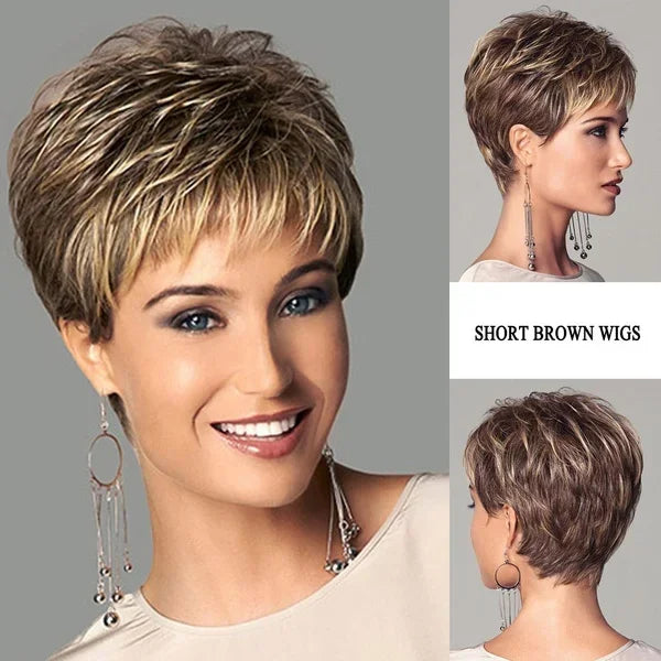 Women‘s Fashion Short Wigs with Bangs Pixie Cut Soft Straight Wigs Brown Synthetic Hair Wig Costume Party Wig for Women