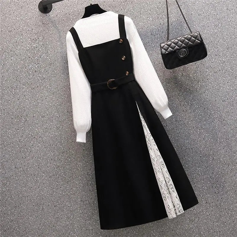 White Sweater Overall Dress - Two-Piece Set