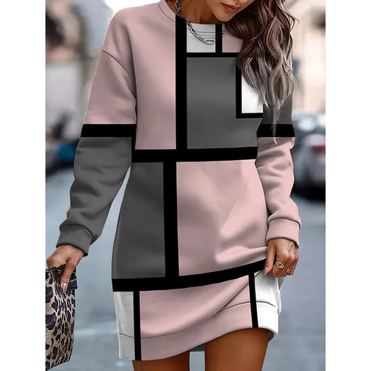 Fashion Print Contrast Round-Neck Sweater Dress