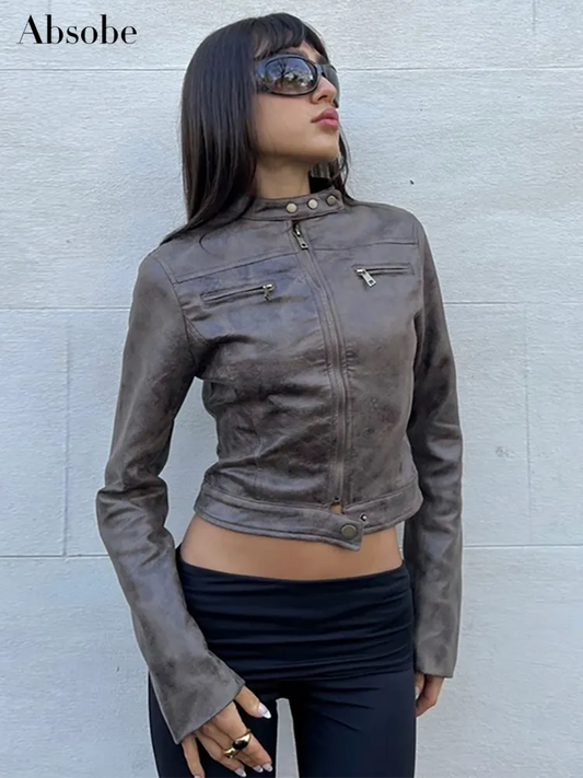 PU Spliced Zipper Crop Jacket For Women