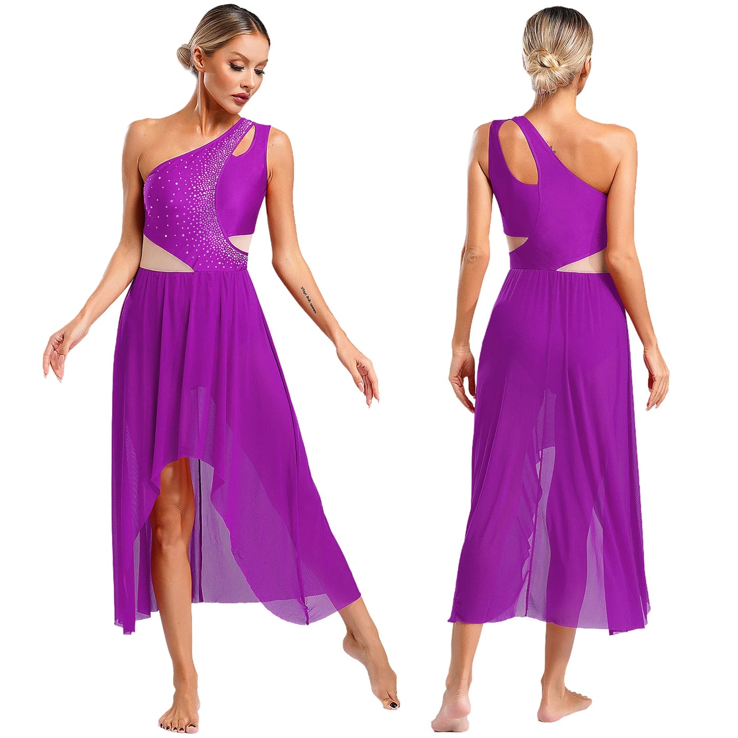 Women Lyrical Dance Costume Sleeveless Rhinestone Ballet Gymnastic Leotard Skirt with Crop Top Set Contemporary Dance Dress