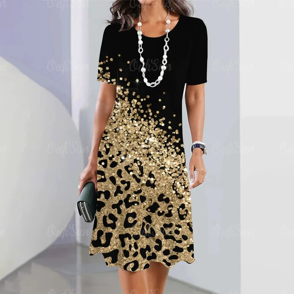 Leopard Print O-Neck Midi Dress