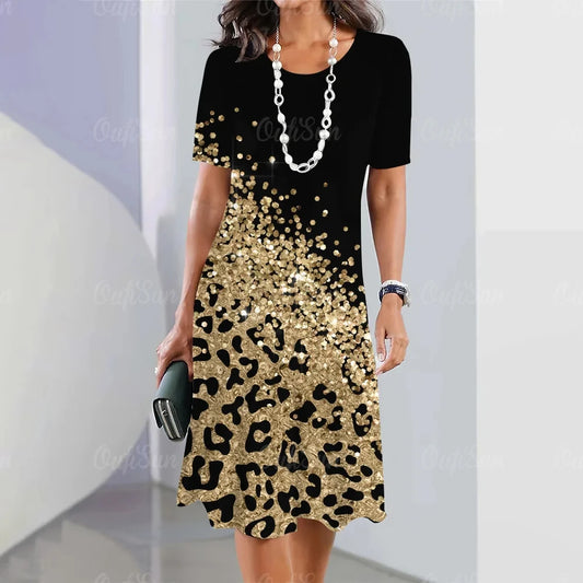 Leopard Print O-Neck Midi Dress