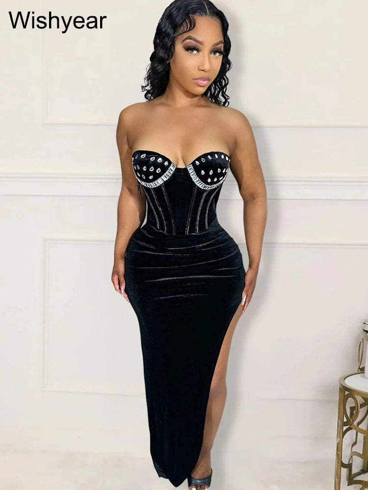 High-Side Split Ruched Bodycon Maxi Evening Dress
