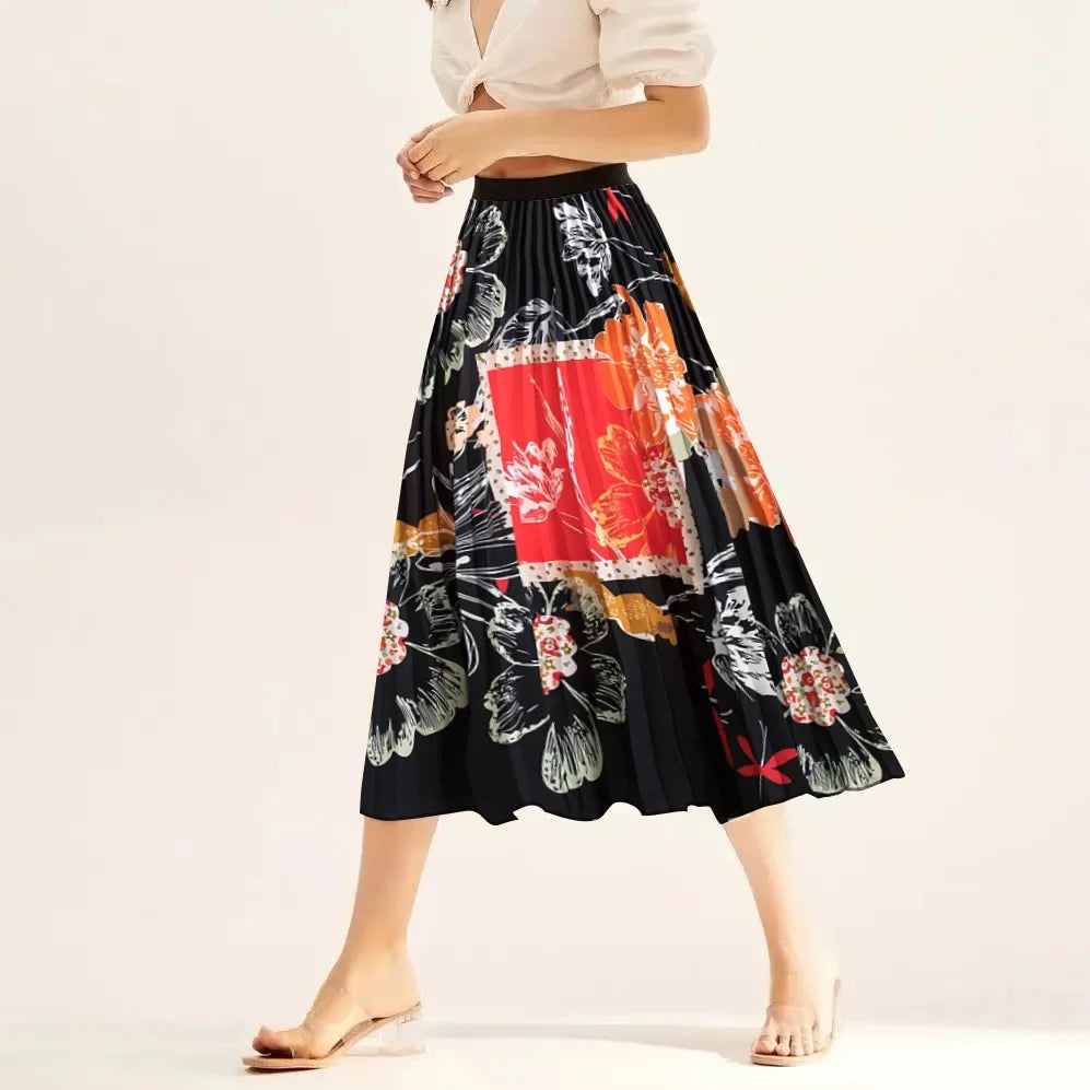 Vintage Printed Pleated Skirt