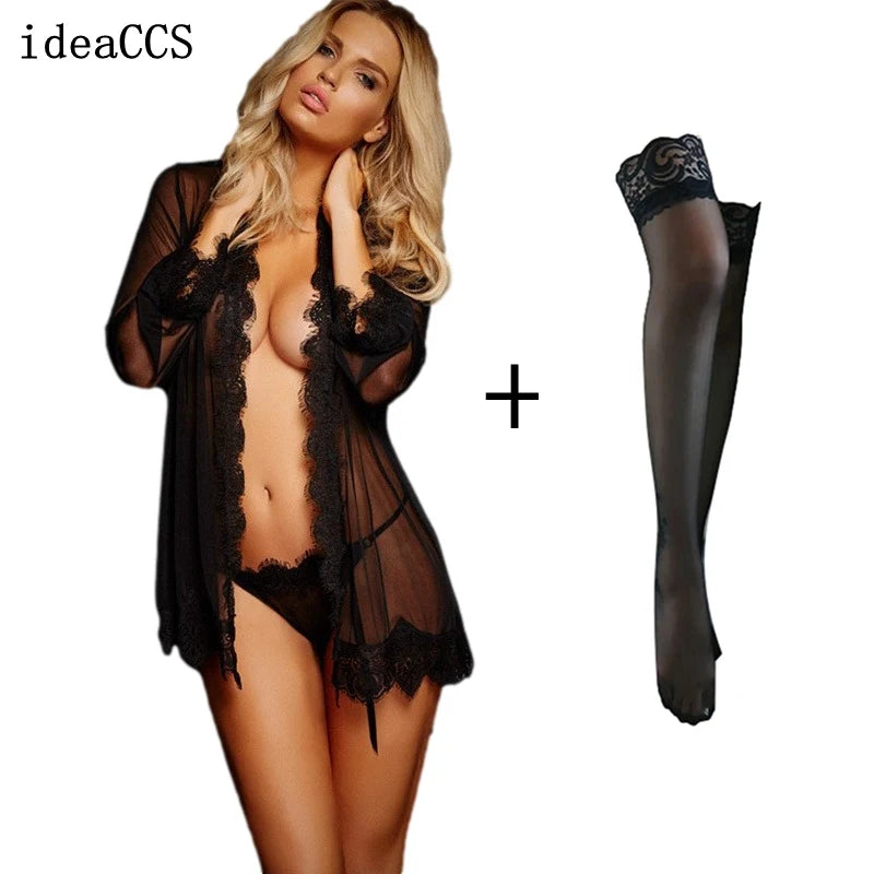 Lace Bandage Deep V G-String See-Through Sheer Sleep Dress Robe