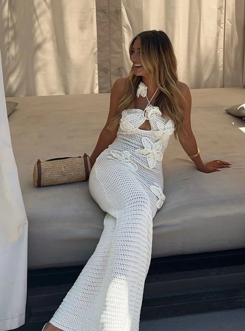 Women’s Beach Dresses Sexy Backless Knitted Long Dress Star Crochet Maxi Dresses 2024 Summer Women Beach Wear