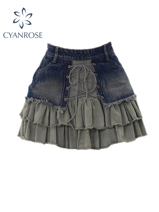 Patchwork Vintage Denim Punk A-Line Mini Skirt