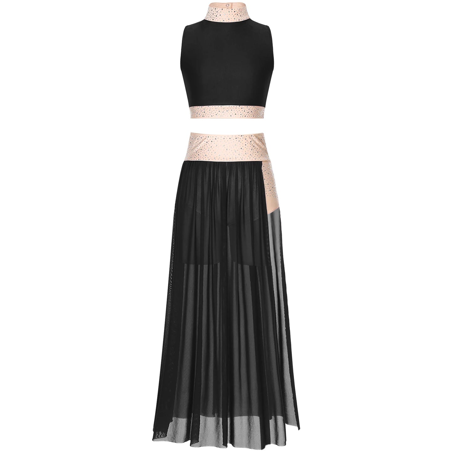 Women Lyrical Dance Costume Sleeveless Rhinestone Ballet Gymnastic Leotard Skirt with Crop Top Set Contemporary Dance Dress