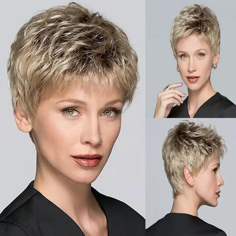 Women‘s Fashion Short Wigs with Bangs Pixie Cut Soft Straight Wigs Brown Synthetic Hair Wig Costume Party Wig for Women
