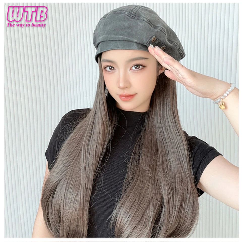 Women's Denim Beret - Synthetic Long Straight Wig Winter Hat