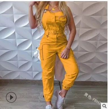 Lady Pink Jumpsuits Casual Sleeveless Polyester Ankle Tied Cargo Jumpsuits For Working Overall Jumpsuits OUFY-689