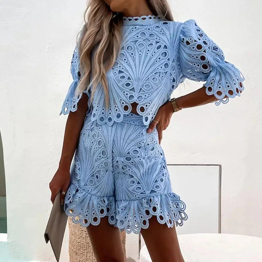 Solid-Colour Lacing Flare Sleeves Hollow-Out Top + Shorts