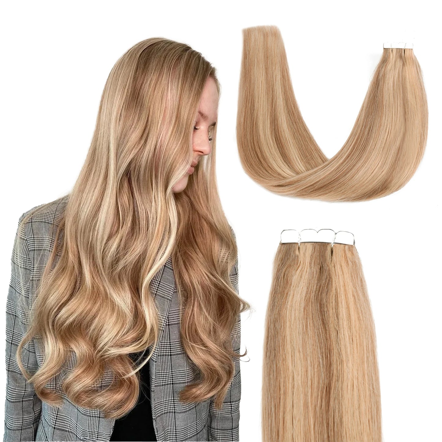 K.S WIGS Mini Tape in Hair Extensions Human Hair Straight Seamless Skin Weft Real Natural Brazilian Hair For Women Balayage 10Pc