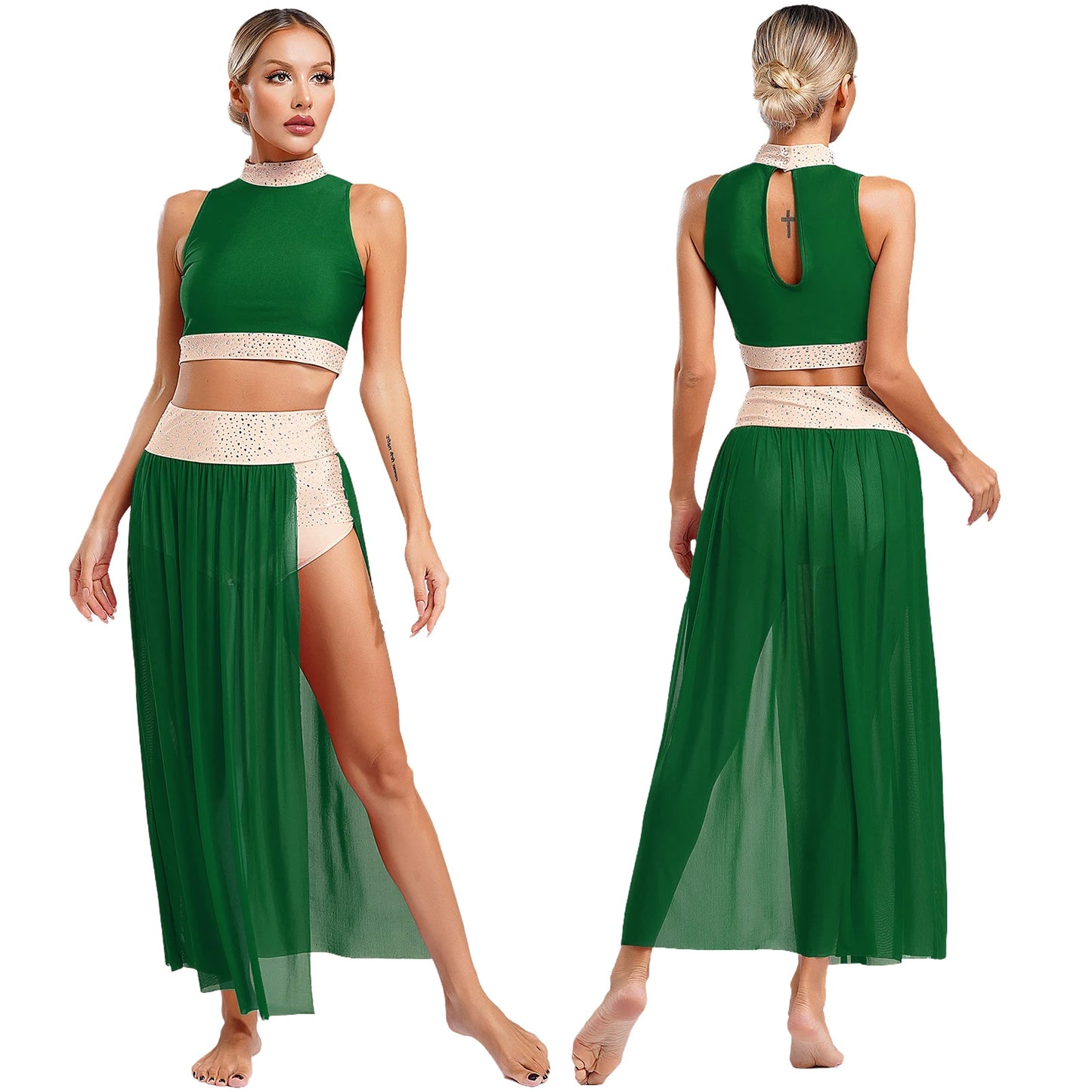 Women Lyrical Dance Costume Sleeveless Rhinestone Ballet Gymnastic Leotard Skirt with Crop Top Set Contemporary Dance Dress