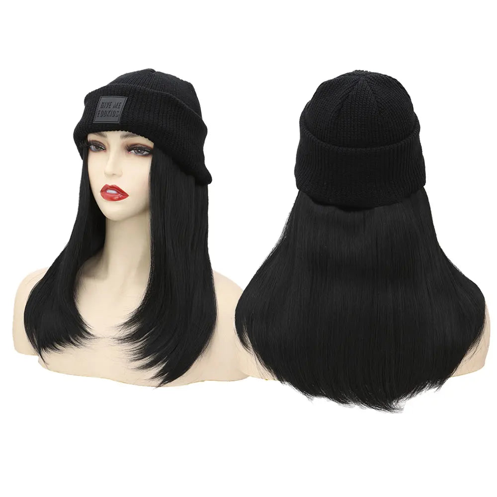 S-noilite Synthetic Black Hat Wig Beanies Hat With Hair Wigs For Women Straight Wavy Hair Warm Plush Knitted Autumn Winter Cap