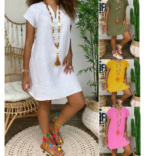 Loose Solid-Colour Short-Sleeved V-Neck Stock Dress