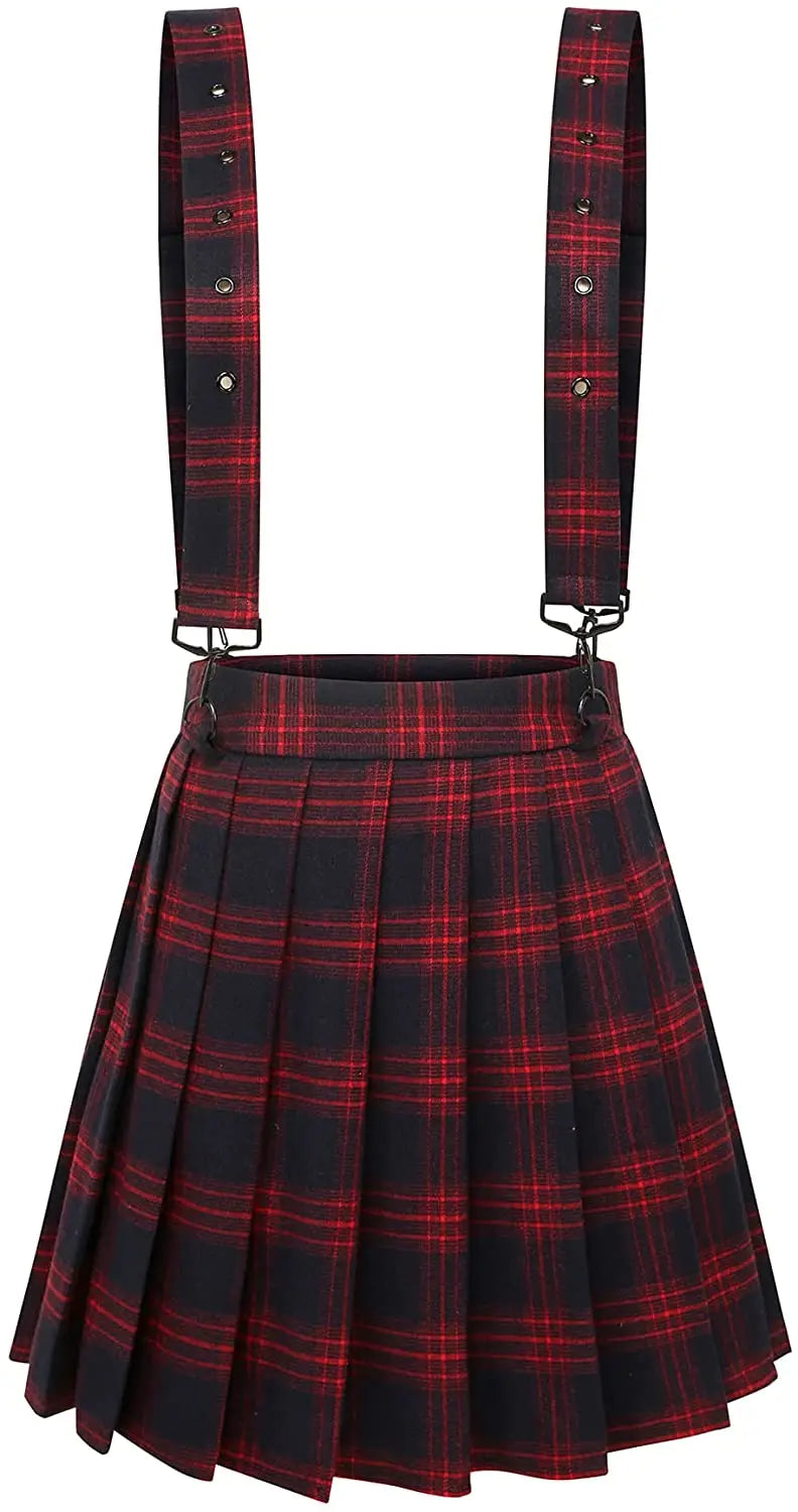 A-Line Decorative Strap Plaid Pleated Mini Skirt